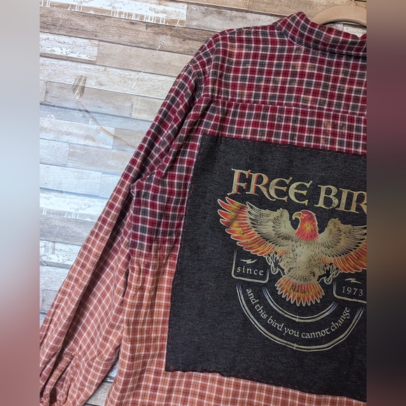 Free Bird Upcycled Handcrafted Dip Dye Bleach Flannel Shirt - Picture 7 of 13